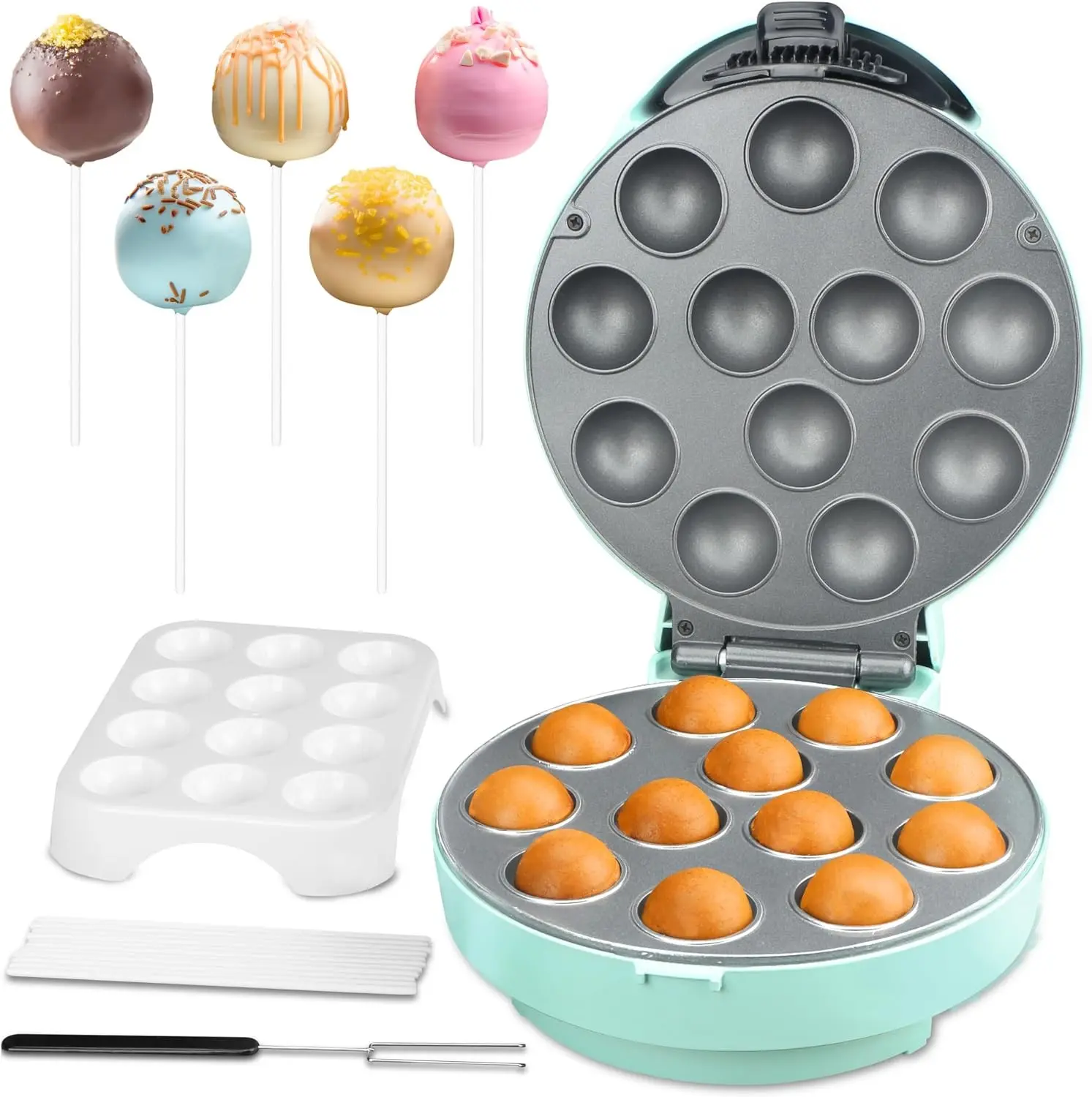 Nonstick 12-Capacity Cake Pop Maker Machine Set, Aquamarine, with Cake Pop Stand, Sticks, Fork Tool for Brownie Batter Cooking