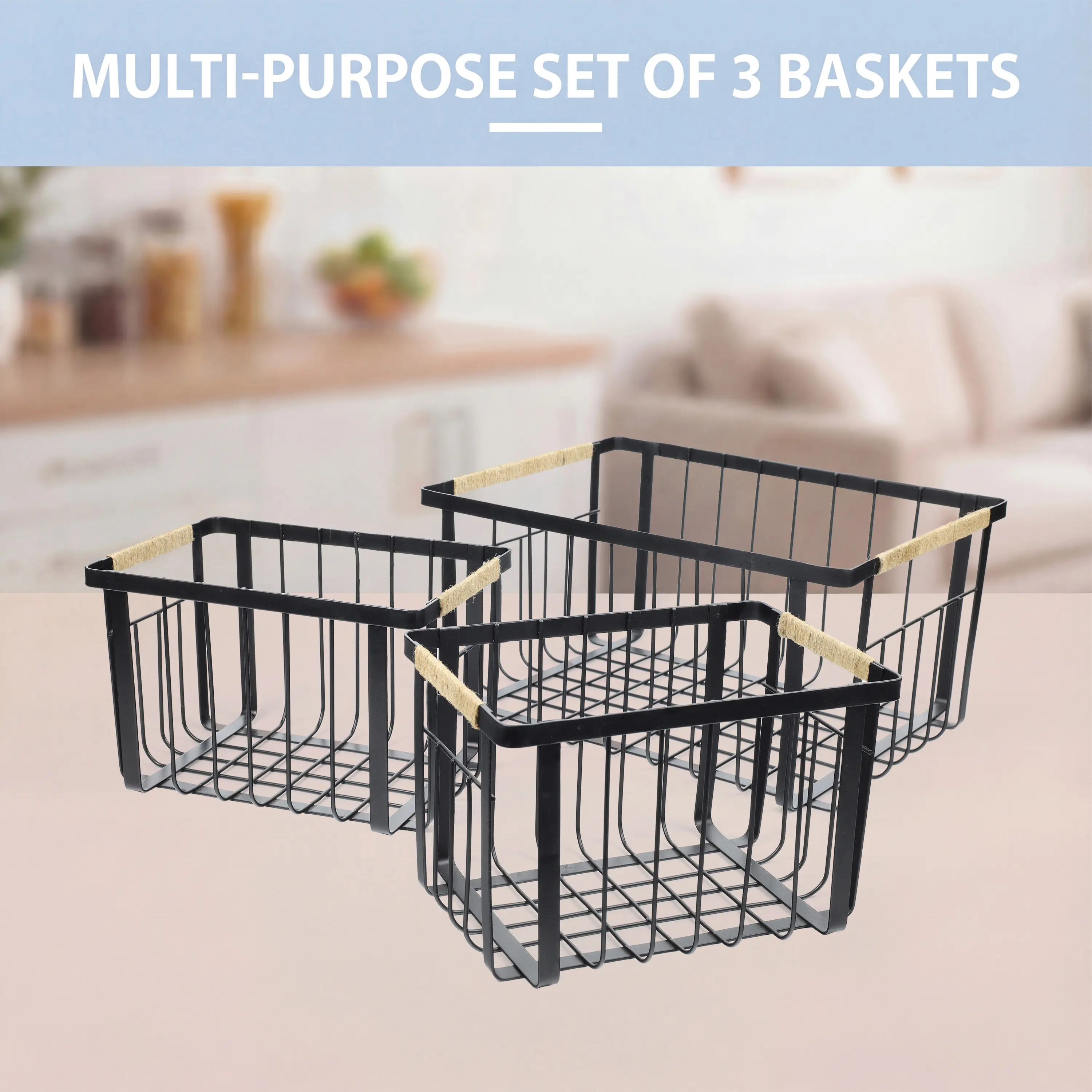 Henley Vintage Farmhouse Handmade Wire Metal Nesting Storage Baskets with Jute Wrapped Handles (Set of 3) Industrial