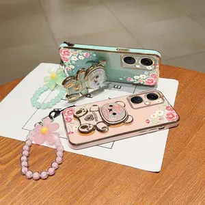 NordN30 Elegant PC Fashion Strap Lanyard Phone Holder Case For Compatible With Oneplus Nord N30 Floral Embellished Cute Bear Stand Cover