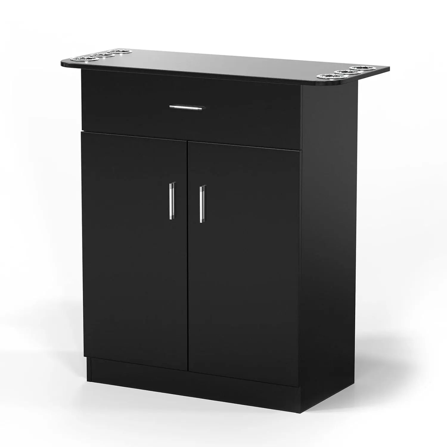 OmySalon Sturdy Waterproof Free-Standing Salon Storage Station - Commercial Barber Shops Furniture with 1 Drawer, Double Doors Cabinet, 6 Hair Dryer Holders, Adjustable Shelves, Space-Saving for Home Dressing Table (Assembly Required)