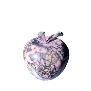 Beautiful Small Rhodonite Apple Carving with Silver Colored Stem Leaf Accessorized with Clear Crystal Decorative Item