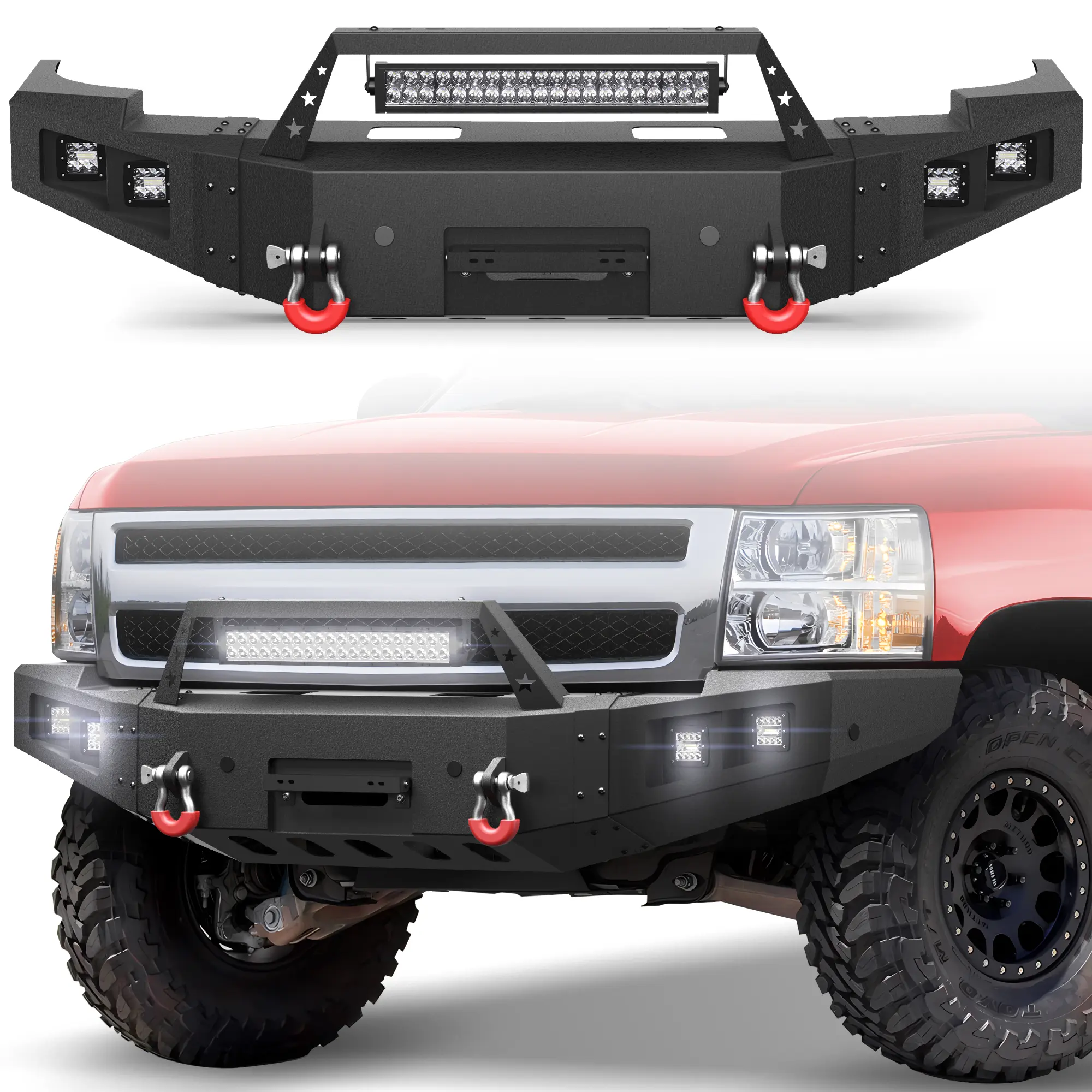 Longsun Custom Fit Front Bumper for 2007-2013 Chevy Silverado 1500 Pickup - Black Auto Replacement Body Accessory with Winch Plate, D-Rings, Rigid Industries Compatibility, Adds Lights, Functionality & Aesthetic Appeal