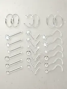 24pcs/set Funky Stainless Steel Rhinestones Decor Nose Ring, Nose Stud Set For Women & Girls, Body Jewelry For Body Decoration