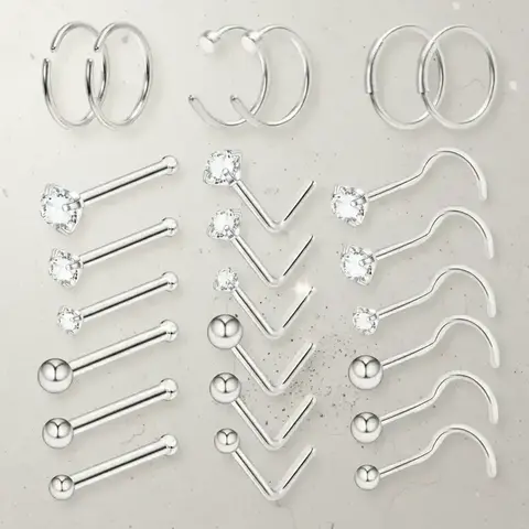24pcs/set Funky Stainless Steel Rhinestones Decor Nose Ring, Nose Stud Set For Women & Girls, Body Jewelry For Body Decoration, Nose Rings Set