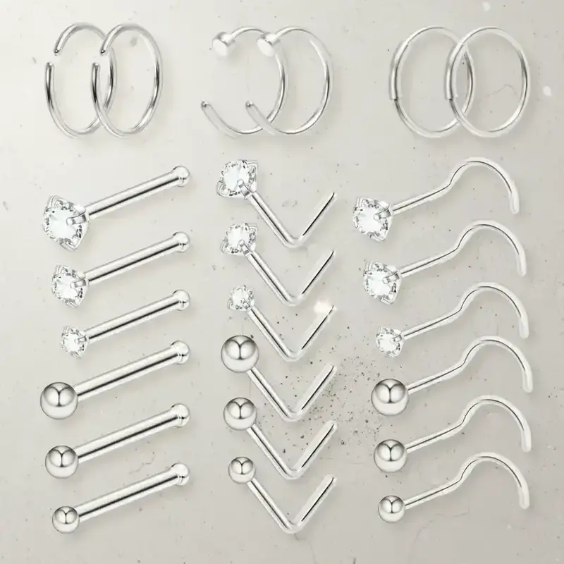 24pcs/set Funky Stainless Steel Rhinestones Decor Nose Ring, Nose Stud Set For Women & Girls, Body Jewelry For Body Decoration, Nose Rings Set