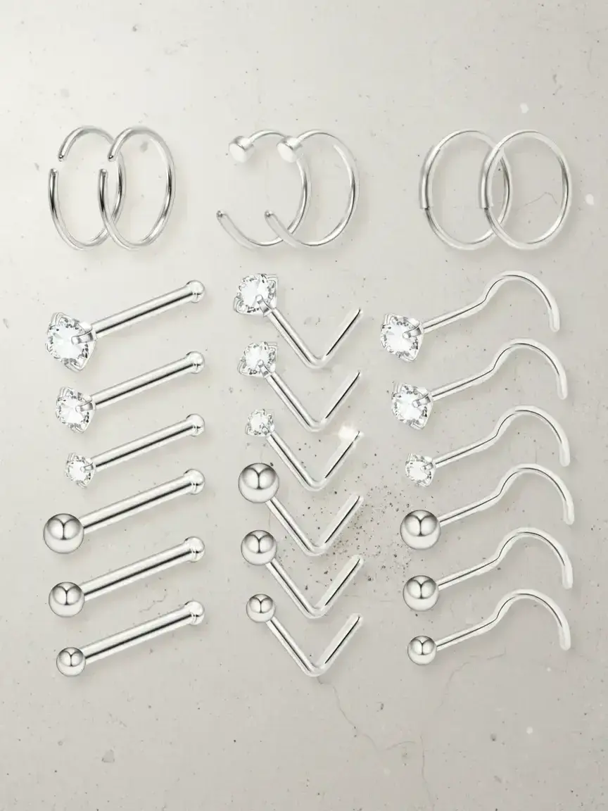 24pcs/set Funky Stainless Steel Rhinestones Decor Nose Ring, Nose Stud Set For Women & Girls, Body Jewelry For Body Decoration Nose Piercing Jewelry