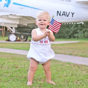 Flag Smocked White Sun Bubble - Baby Girls Patriotic Outfit, Cute for the 4th of July