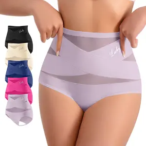 MORELECT 5 pcs High Waist Women's Panties - Breathable Cross Mesh No Show Invisible Seamless Tummy Control Underwear for Everyday Comfort, All Seasons Wear all-season comfy daily wear