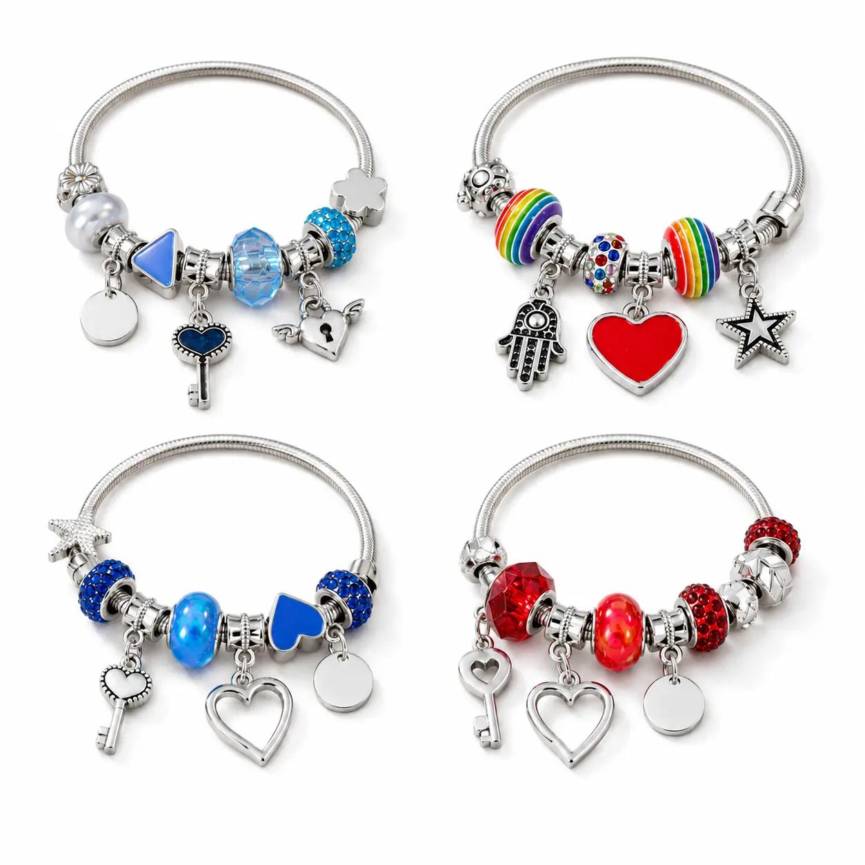 Colorful Charm Bracelet for Women, Silver-Tone Snake Chain with Heart, Key, Star, Hamsa Hand & I Love You Charms, Glass Bead Bracelet in Blue, Red, Rainbow & Light Blue, Cute Gift for Birthday, Valentine’s Day & Daily Wear
