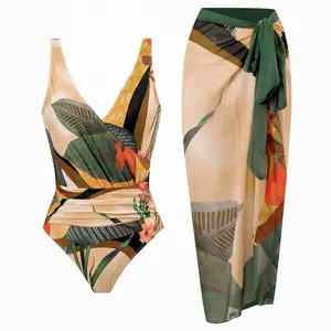 Women's Tropical Leaf Print Wrap Swimsuit Set Ruched Backless Tie Front Skirt Boho Sleeveless 2026 Summer Beach Holiday Ladies Swimwear #SwimsuitSet #BeachWear #TropicalPrint #SummerSwimwear #BohoBeach #LadiesSwimsuit