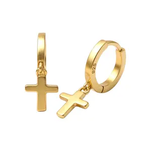 Sterling Silver Huggie Hoop Cross Dangle Earrings