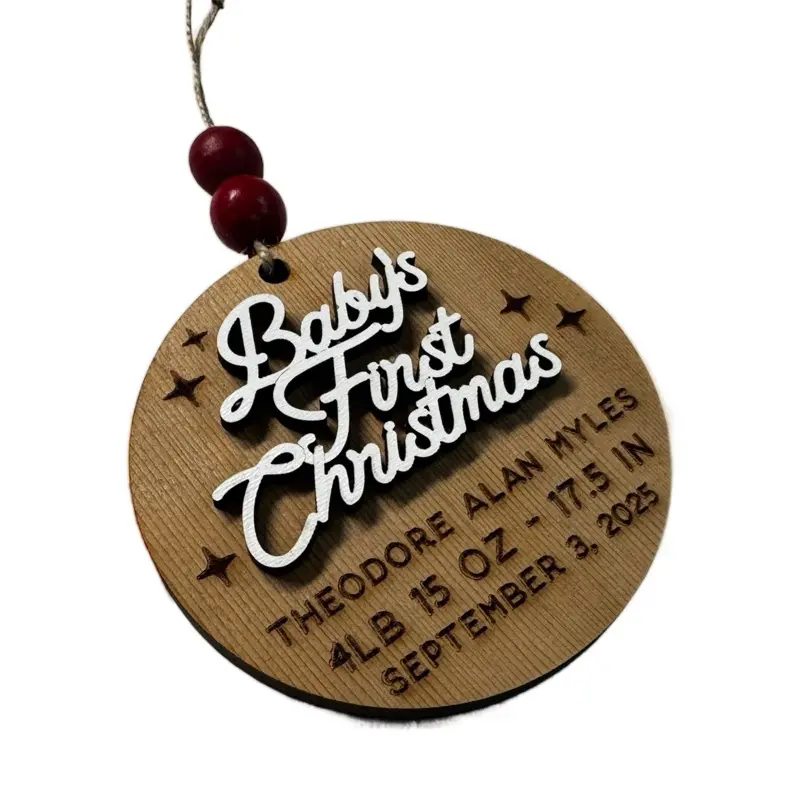 Baby’s First Christmas Customized Ornament Made on Barn Wood Perfect Keepsake with Personalized Details and Red Bead