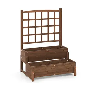 COSTWAY - Raised Garden Bed with Trellis 2-tier Wood Planter Box with Drainage Holes-Rustic Brown