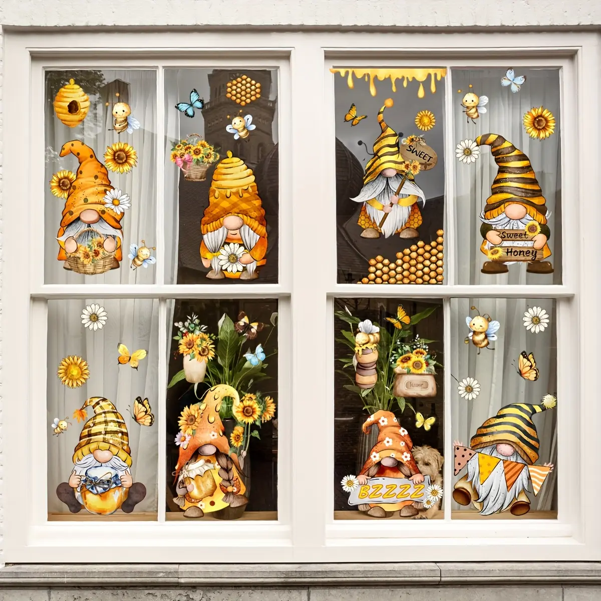 A piece of (30*60cm) electrostatic adsorption hand-painted decorative sticker featuring a gnome, bees, sunflowers and other flowers, for beautifying and decorating living rooms, bedrooms and windows, Floral Pattern Sticker, Sticker Decoration, D13561-KN