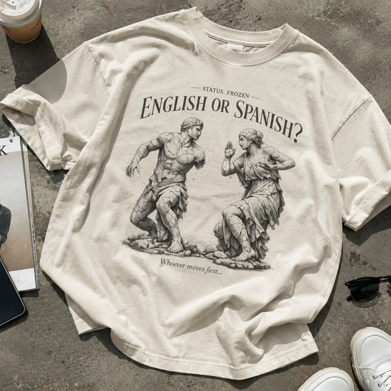 Funny Meme Graphic T Shirt, English Or Spanish Status Frozen Shirt, Viral Internet Meme Tee, Classical Statue Graphic Shirt, Funny TikTok Inspired Tee, Casual Unisex Humor Shirt, Retro Graphic T Shirt, Gift for Meme Lovers