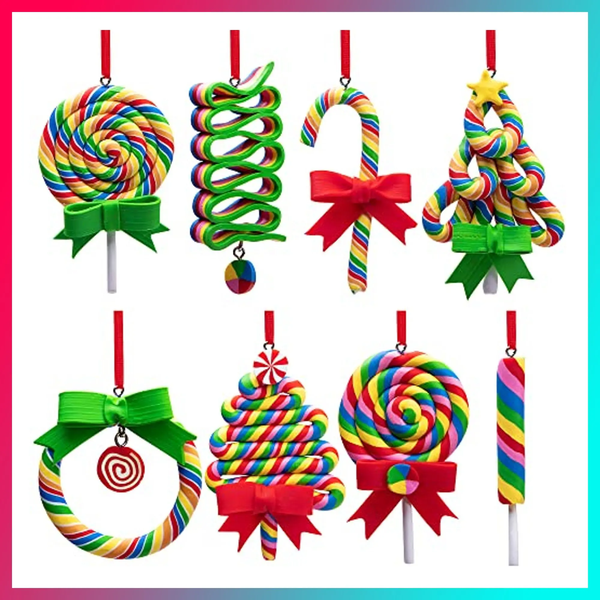 codree 8 PCS Christmas Lollipop Ornaments- Rainbow Lollipop Hanging Ornaments- Christmas Candies Polymer Clay Ornament for Xmas Tree Party Decoration