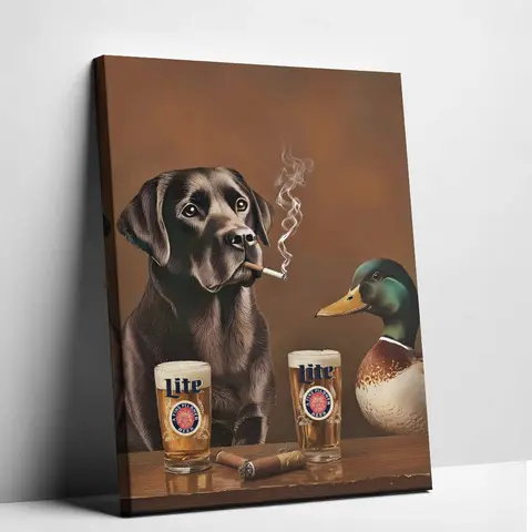 Vintage Animal Canvas Poster - Funny Smoking Dog Drinking Beer, Funny Print Design, Retro Abstract Mallard Print, Artistic House Decor, Cool Unique Room Decor, Bar Wall Accent, Dorm Accessory for Guys