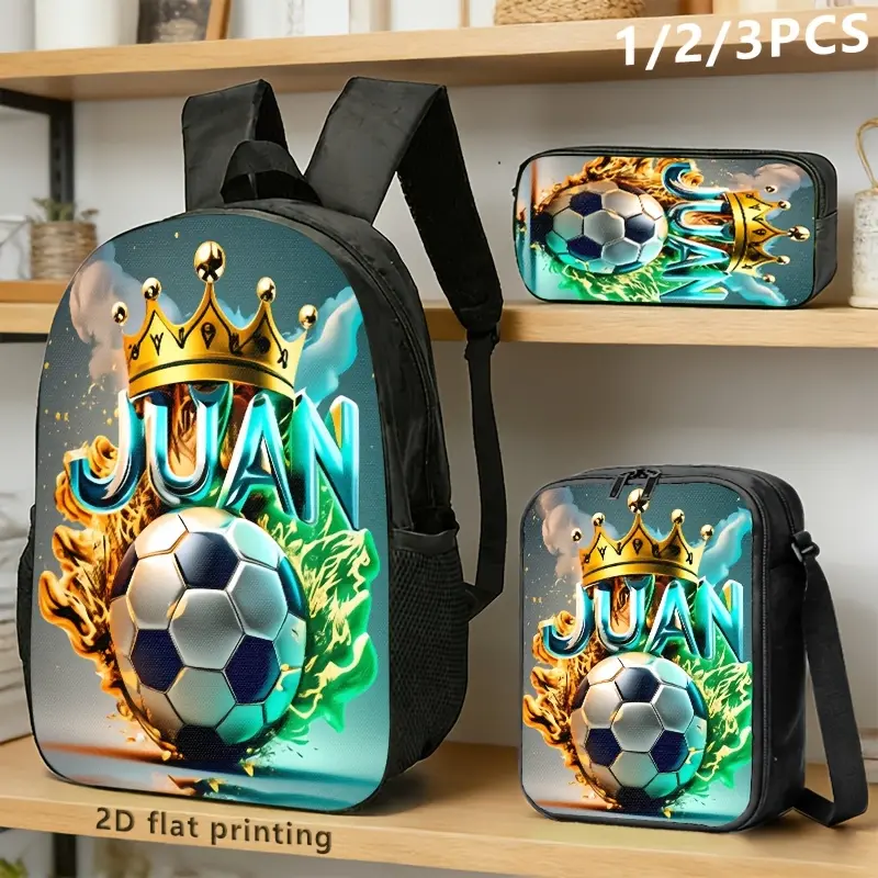 3Pcs Custom Name Soccer Print Backpack Set Durable 600D Oxford Cloth School Bag Insulated Lunch Box & Pencil Case Combo Adjustable Breathable Strap Large Capacity Fits 15in Laptop for Kids Teens School Travel Outdoor Use