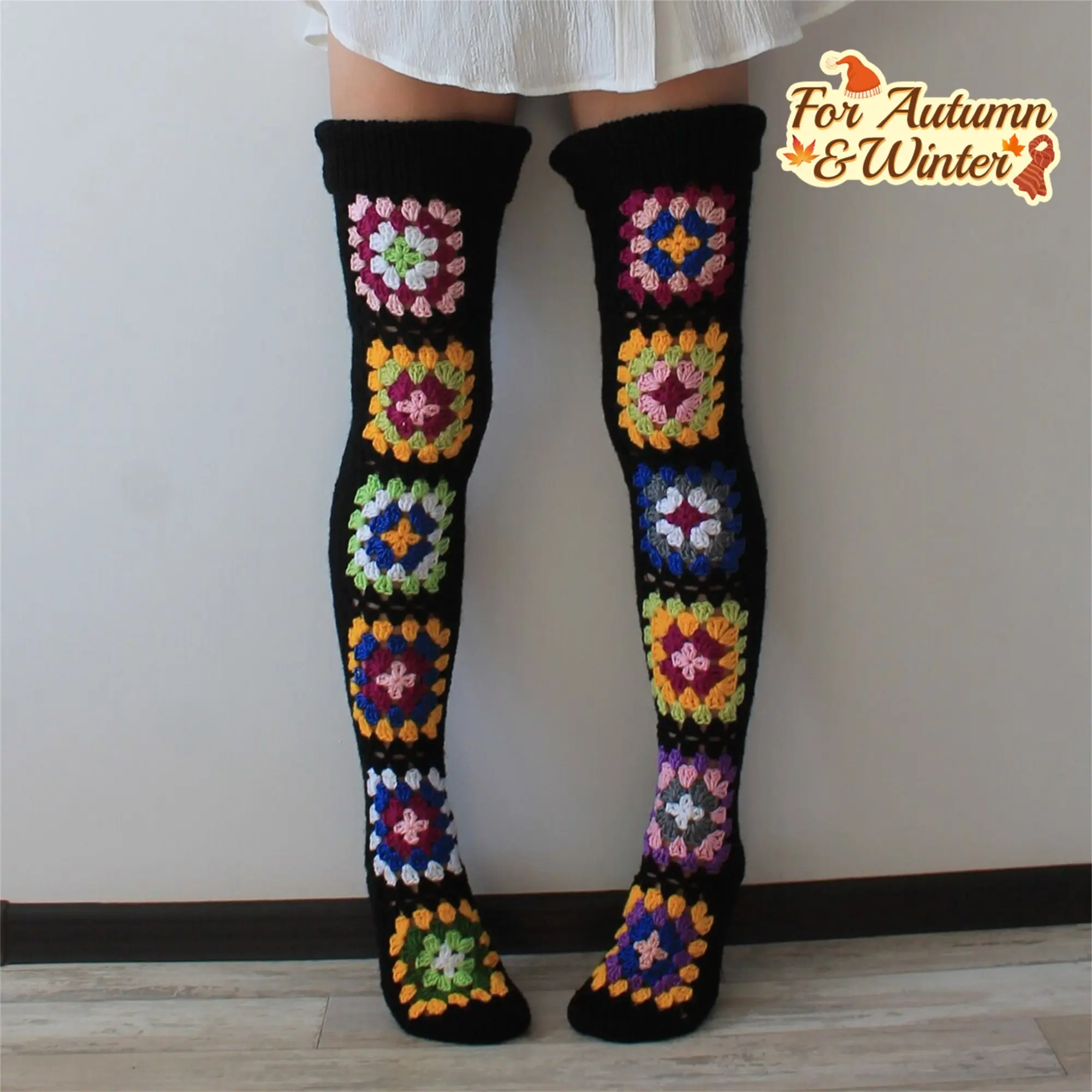 Women's Autumn Winter Extra Long Thigh-High Socks - Ethnic Crochet Floral Print Over Knee Warm Stockings, Machine Washable & Dry Cleanable, Stylish Cold Weather Fashion Accessories, Versatile Clothing, Bold Sock Design, Textured Sock Design