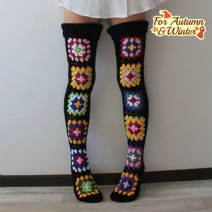 Women's Autumn Winter Extra Long Thigh-High Socks - Ethnic Crochet Floral Print Over Knee Warm Stockings, Machine Washable & Dry Cleanable, Stylish Cold Weather Fashion Accessories, Versatile Clothing, Bold Sock Design, Textured Sock Design