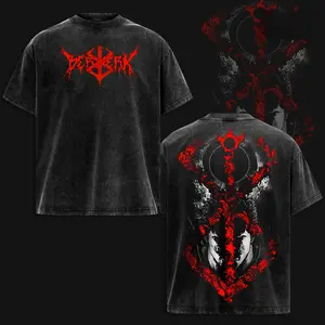 Berserk Guts Vintage Washed Anime T-Shirt Hoodie, Oversized Heavyweight Streetwear Graphic Tee Hoodie, Dark Manga Art Skeleton Warrior Design, Thick Cotton Unisex Fit, Retro Washed Japanese Anime Fan Shirt Gift
