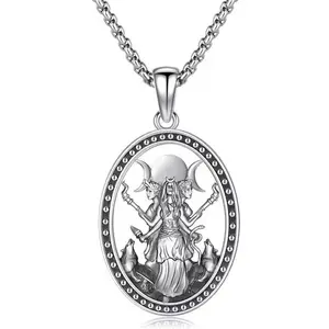 March Goddess Hecate Necklace Unisex Witch Jewelry Silver Tone Oval Pendant Spiritual Amulet Mystic Symbol Protection Accessory For Daily Wear