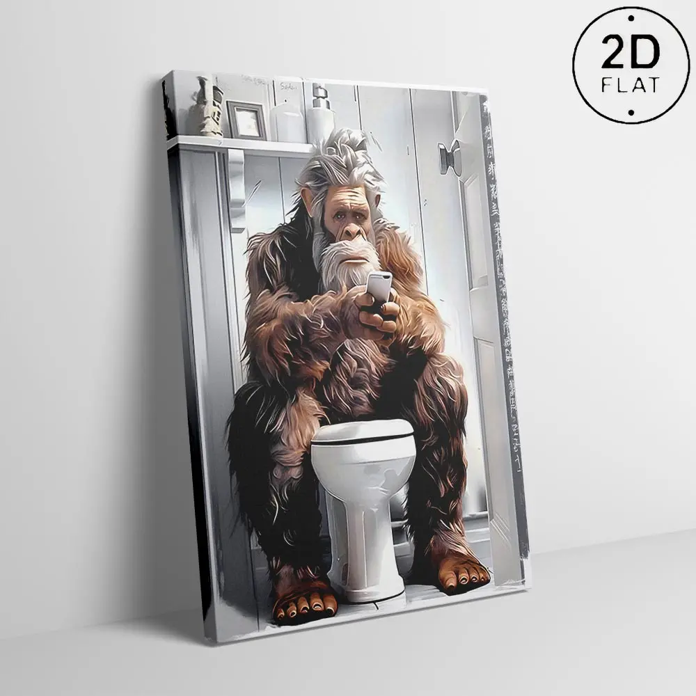 Exquisite Poster with Wrapped Solid Wood Frame, Funny Bigfoot in Toilet Bathroom Wall Art, Art Mural for Bigfoot Enthusiasts, Modern Home Decor for Bedroom, Living Room, Office, Cafe and Bar Wall Decoration