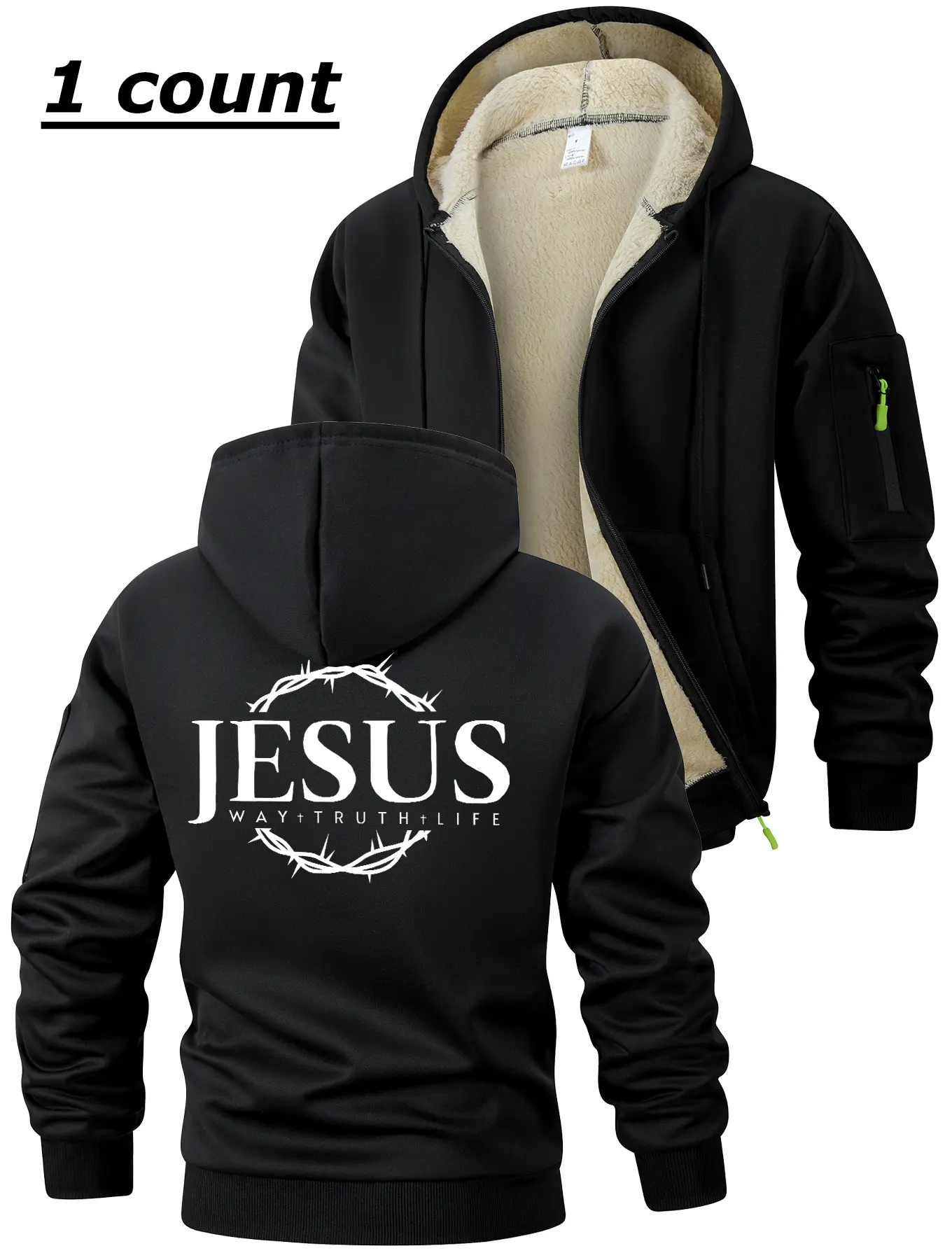 Jesus Thorn Print Sherpa Fleece Lined Jacket for Men, Fall Winter Warm Thermal Plush Hooded Coat, Sporty Casual Outwear Outfits Tops, Kangaroo Pocket & Zipper Pocket Sleeve