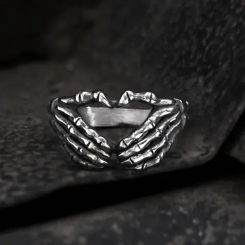 GTHIC High Polished Vintage Goth Hand Gesture Heart Artificial Gemstone Stainless Steel Gothic Band Ring - Unisex Fashion Ring, Adult Finger Jewelry, Sizes 6 to 11, Ideal for Birthday, Anniversary Gifts