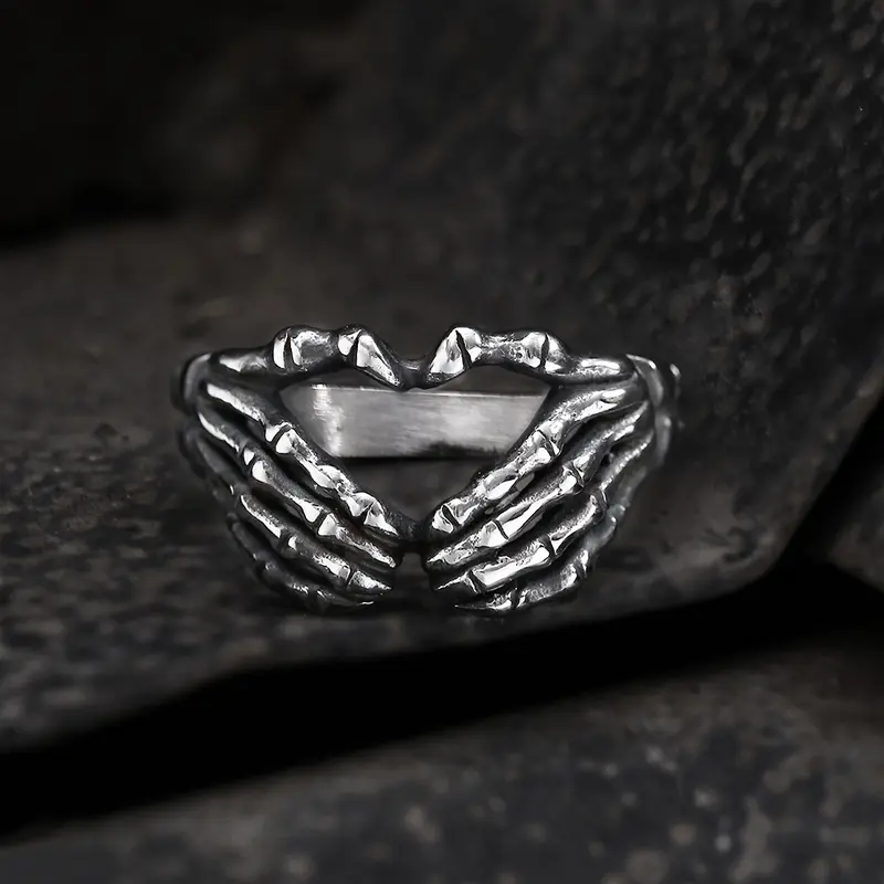 GTHIC High Polished Vintage Goth Hand Gesture Heart Artificial Gemstone Stainless Steel Gothic Band Ring - Unisex Fashion Ring, Adult Finger Jewelry, Sizes 6 to 11, Ideal for Birthday, Anniversary Gifts