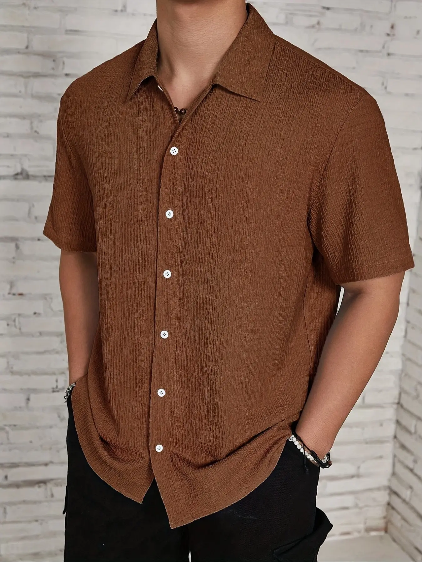 Men's solid color plain casual fashion short-sleeved shirt, regular version short-sleeved collarless top, suitable for summer wear, summer casual, daily men's clothing, men's clothing, Basic Casual Solid