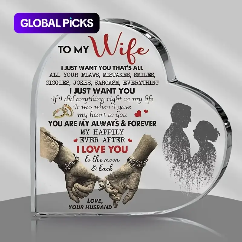 Heart-Shaped Acrylic Desktop Plaque, Decorative Plaque, "To My Wife" Ornament, Romantic Gift for Wife, Novelty Desk Decor #GLOBAL PICKS