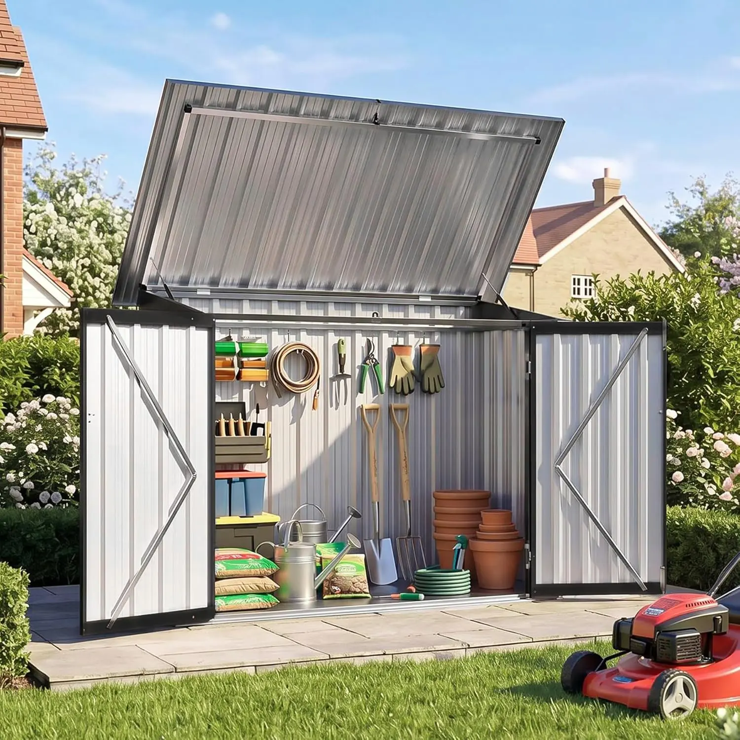 Aoxun Outdoor Storage Cabinet with Shelf, 35/20 Cu.Ft Metal Storage Shed, All-Weather Tool Storage Box with Hydraulic Lid, Lockable Doors for Patio Garden Garage, Black
