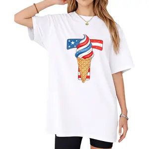 Plus Size - Women'S Oversized 100 Crew Neck T-Shirt Patriotic American Flag Ice Cream Design Summer Casual Wear Freedom Carnival