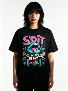 Spit Pre-Workout In My Mouth Neon Pink Turquoise Graphic Oversized White T-Shirt, Gym Workout Slogan Women’s Cotton Tee, Funny Fitness Lover Casual Streetwear Top