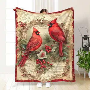 Vintage Cardinal Bird Print Flannel Blanket, Soft Washable Lightweight Throw for Bedroom Living Room Sofa Decor, Animal Theme Multi-Purpose Decorative Blanket