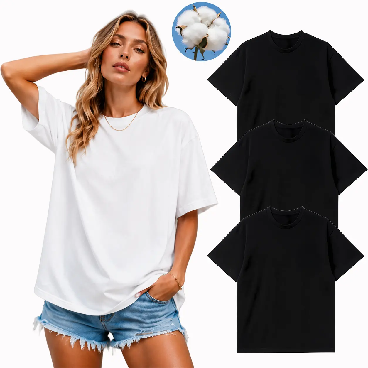 Women's Basic 100% Cotton Round-Neck Short-Sleeve Print T-Shirt - Loose Fit, Breathable Fabric, Casual Top for Everyday Wear (Black, White)