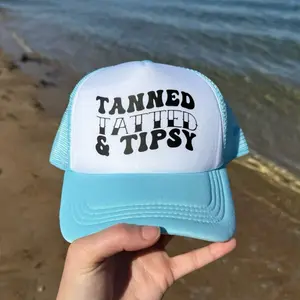 Tan, tatted & tipsy trucker hat - black lettering, adjustable fit