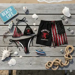 Fireball American Flag Couple Swimwear – Matching Bikini & Men’s Swim Shorts, Patriotic His & Hers 4th of July Beach Vacation Swimsuits