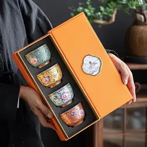 4pcs Luxury Enamel Ceramic Tea Set - Palace Style Jianzhan Wanhua Tea Cups with Multi-Color Options (Green, Blue, Pink, Golden, White, Black, Brown) - Elegant Gift Box with Lid - Durable & Easy-Clean Surface, Sturdy Base & Smooth Edges - Id