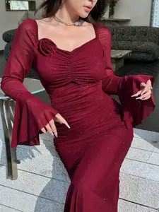 Elegant Bodycon Dress Fit, Heart Neckline, Long Sleeve, Round Neck Pure Color Nk-0004-507046, Women's Fashion Casual Wear