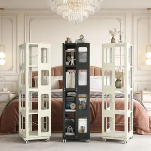 4-Tier All-Steel Rotating Bookshelf with 360° Wheels – Large Sturdy White Rolling Book Rack for Home Office Living Room, Space-Saving Spacious Storage Shelf, Modern Small Footprint, 360° Swivel, Easy Assembly, Heavy-Duty Steel