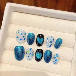 T23 Snowflake Heart Blue cat eyes removable press nails