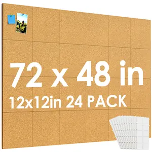 MaxGear Natural Cork Self-Healing Smooth Lightweight Wall Tile Set - 24-Pack 12x12in Tiles (72x48in Large Surface), 40 Pushpins, Safe Removable Adhesive Tabs, for Home Office Decor