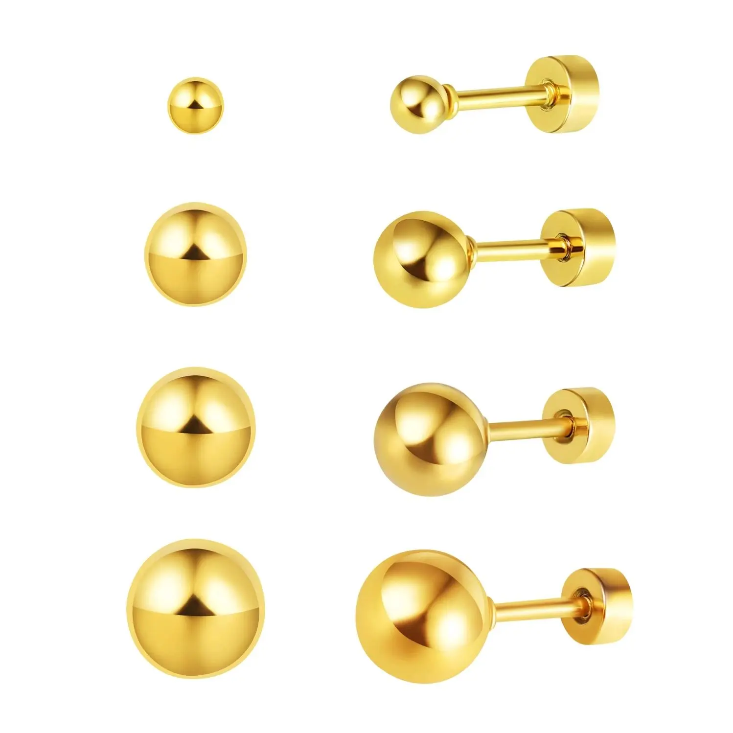 1 Pair Flat Back Earrings for Women Gold Color Buddha Beaded Screw Earrings 3/4/6/8 mm Brincos Stainless Steel Jewelry Gifts