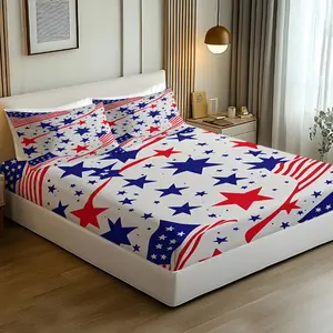 3pcs American Flag Star Fitted Sheet Set, Patriotic USA Bed Sheet Set, Soft Microfiber Bedding Set (No Fillers),Stars Stripes Printed Mattress Cover for Patriotic Bedroom, Dorm & Independence Day Decor
