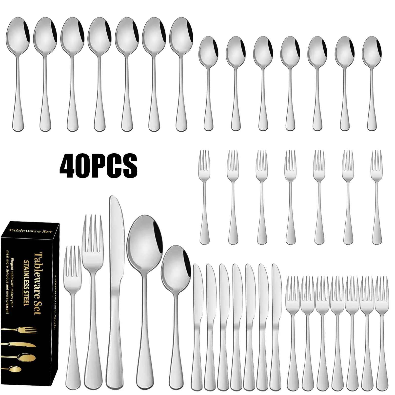 Unboxed Silver-Toned Stainless Steel Cutlery Set, 40-Piece Dinner Set for Kitchen Table Use, Silver-Toned Dinner Sets Without gift box