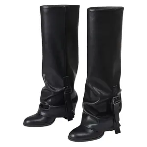 Women's Black PU Round-Toe Fold-Over Adjustable Buckle Knee High Boots Comfortable Stylish Footwear for Fall with Zip Feature