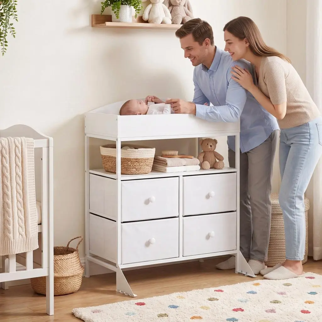 Garvee 4-Drawer Baby Changing Table Dresser with Removable Top & Fabric Bins – Modern, Space-Saving Diaper Station for Nursery