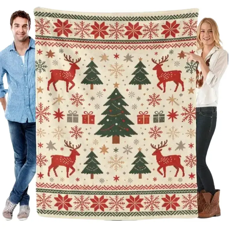 Vintage Fair Isle Christmas Reindeer Flannel Throw Blanket, Xmas Tree Snowflake Gift Box Nordic Knit Pattern Blanket, Classic Farmhouse Holiday Blanket, Cozy Winter Home Decor Christmas Gift